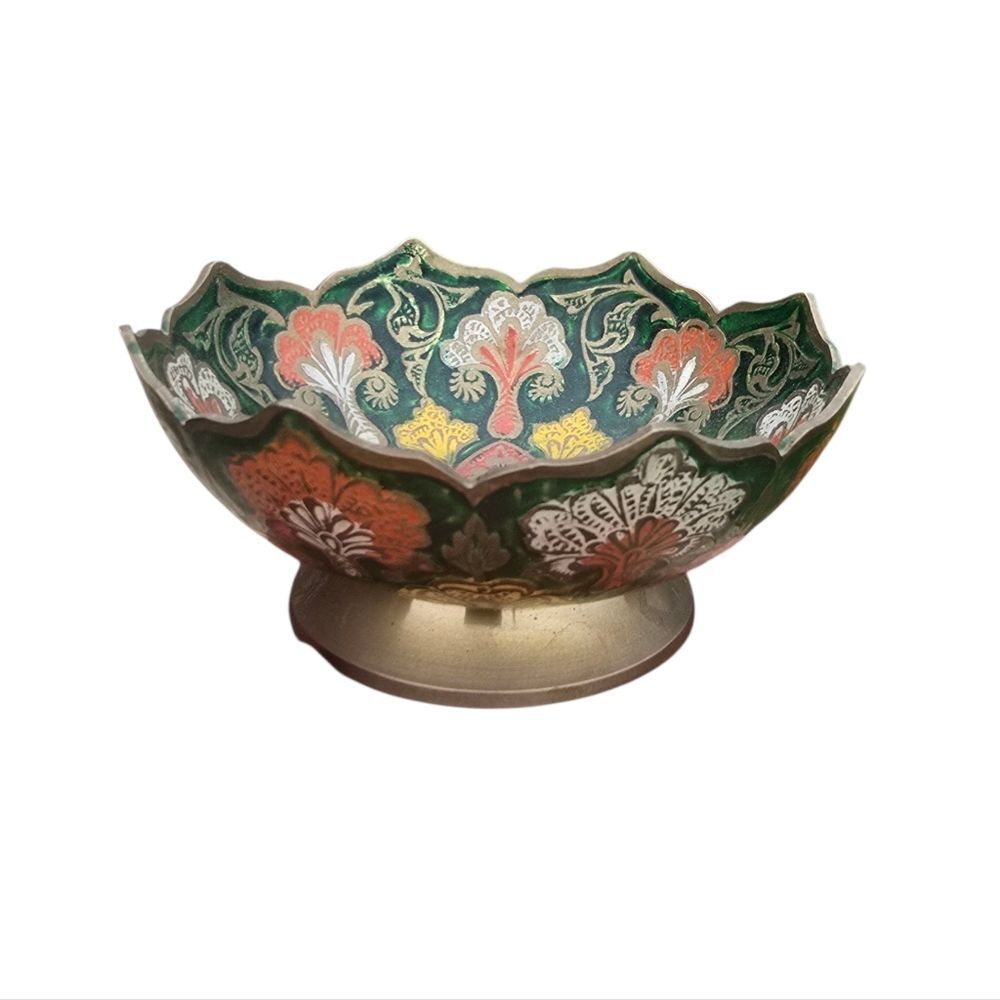 Vintage Hand Painted Floral Decorative Brass Bowl Made in India‎ Catchall
